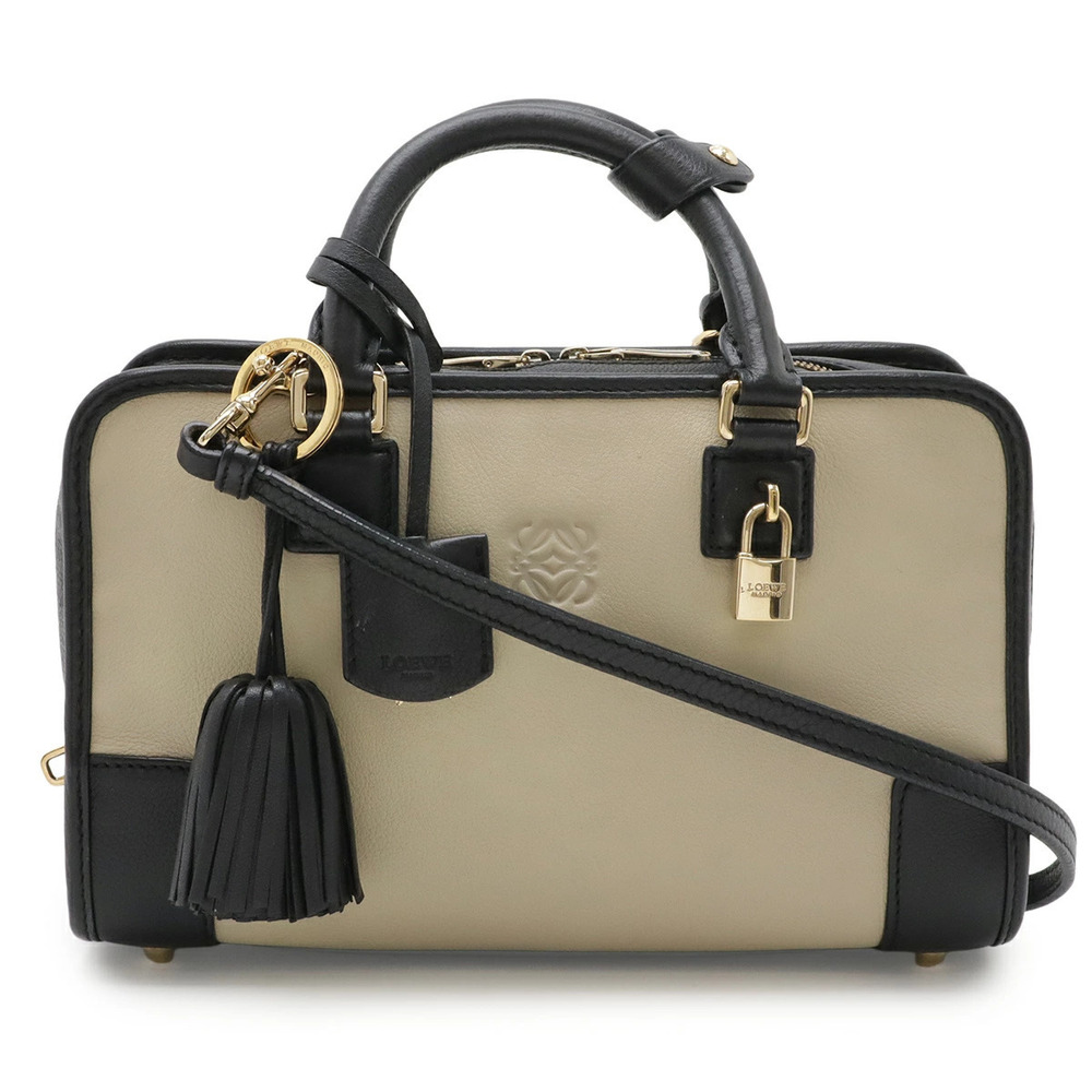 Loewe Amazona Anagram Handbag Boston Bag Crossbody Leather Greige Gray Black